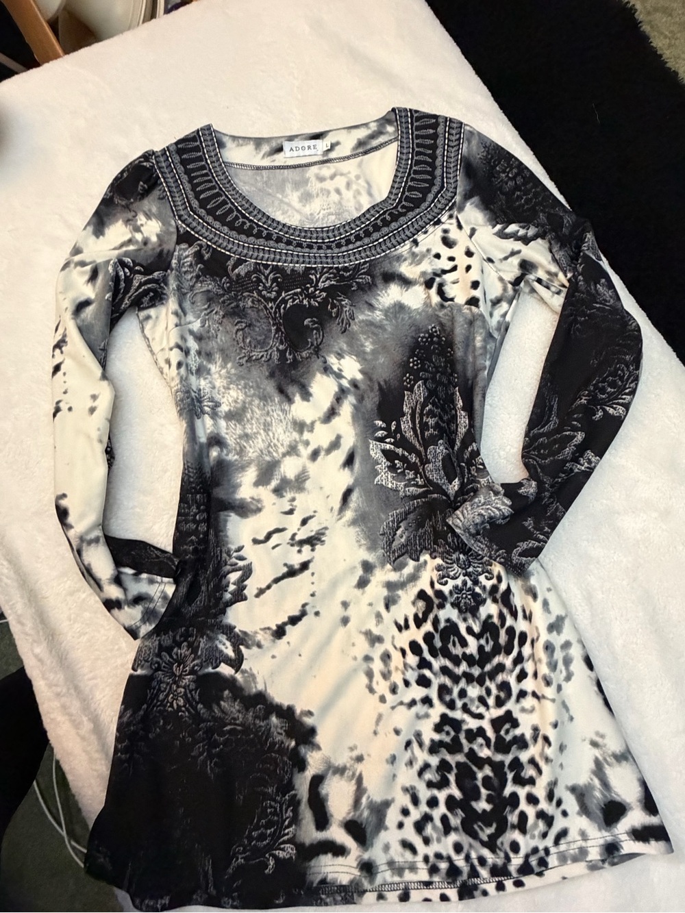 Adore Black & White Printed Long Sleeve Midi Dress